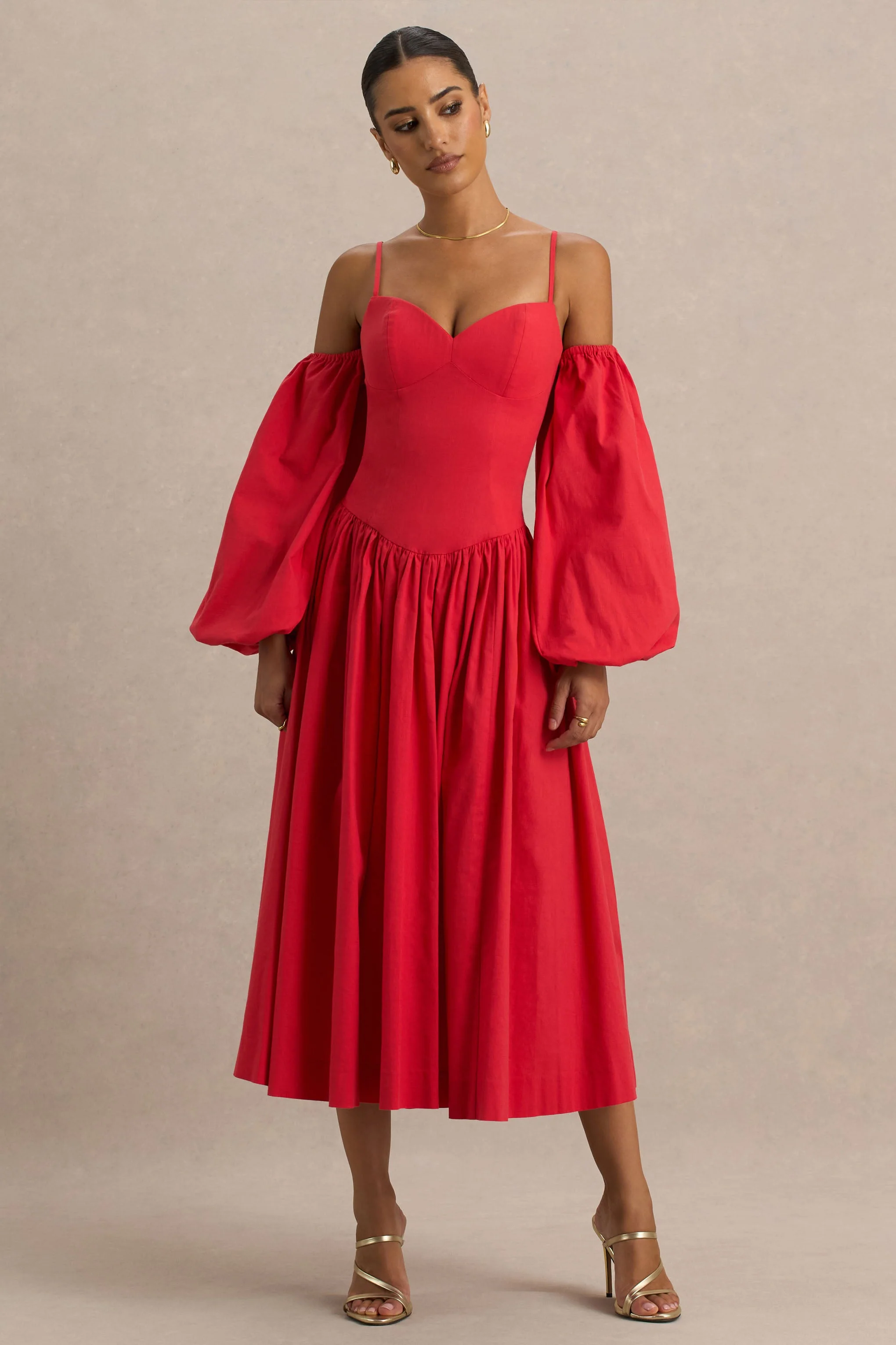 Macie | Robe Mi-Longue Rouge à Décolleté Coeur avec Manches Ballon