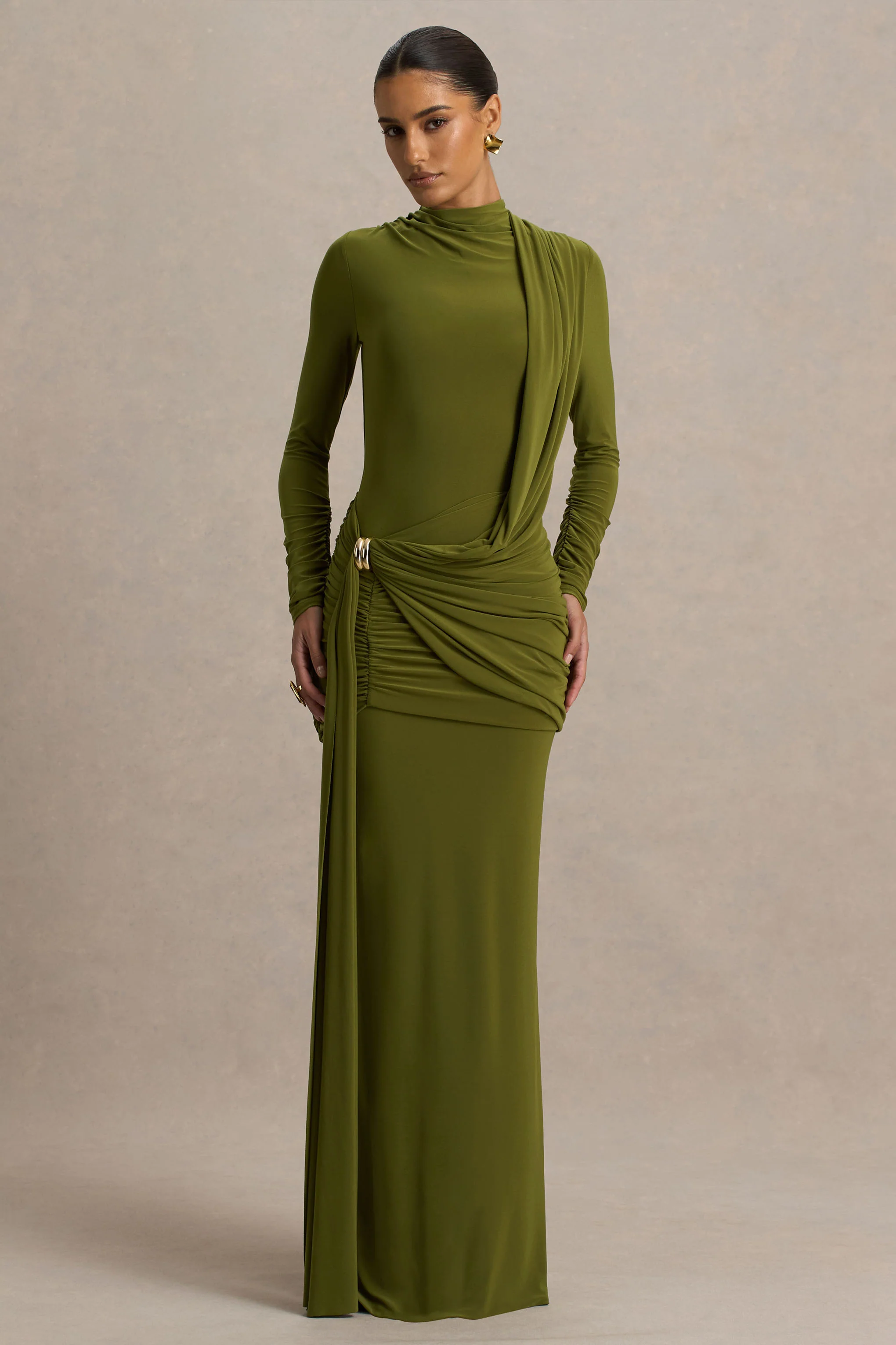 Melissa | Robe longue olive à manches longues avec drapés et ceinture nouée - Image 4