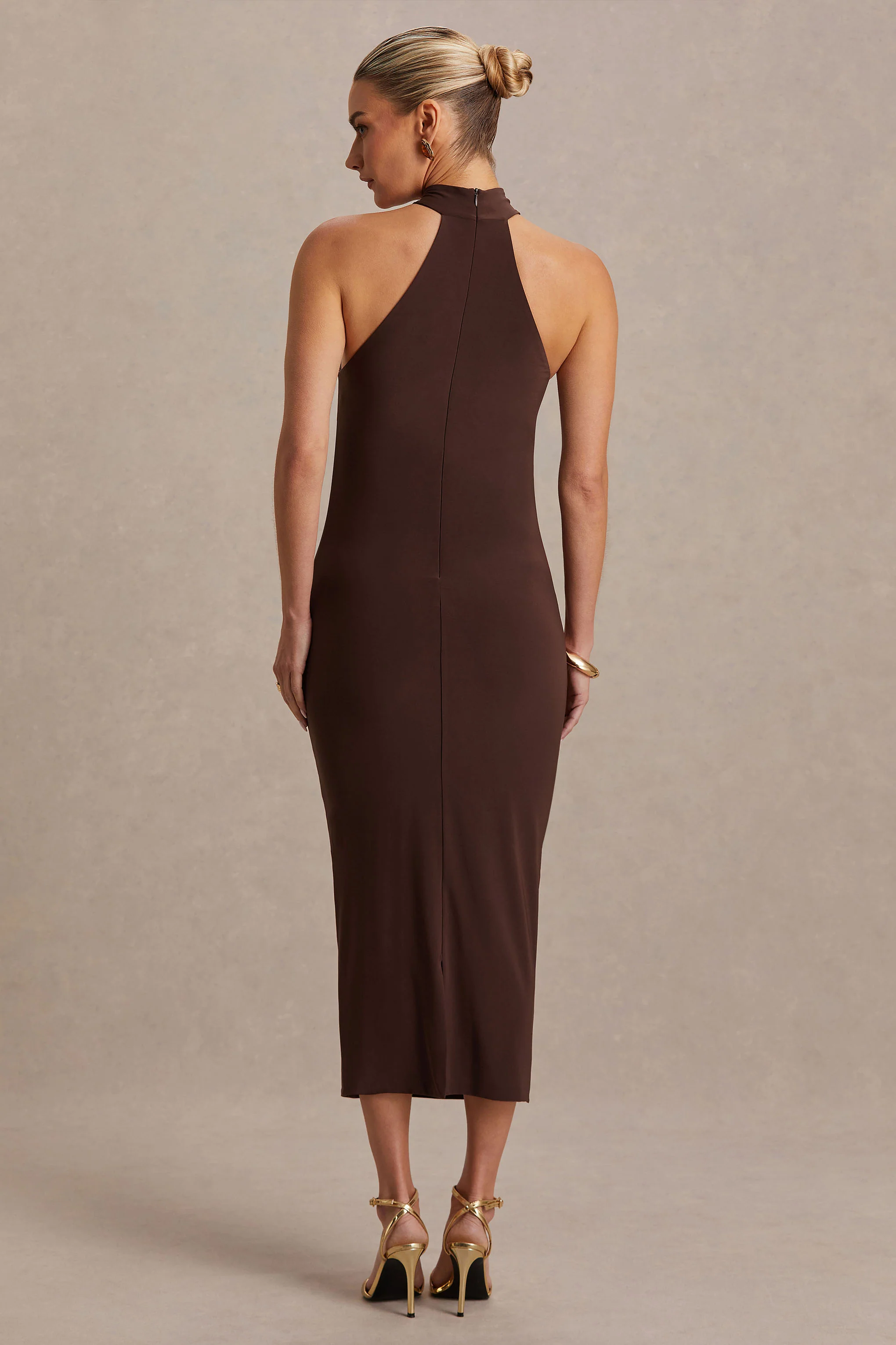 Mireille | Robe mi-longue de maternité marron à encolure américaine - Image 2