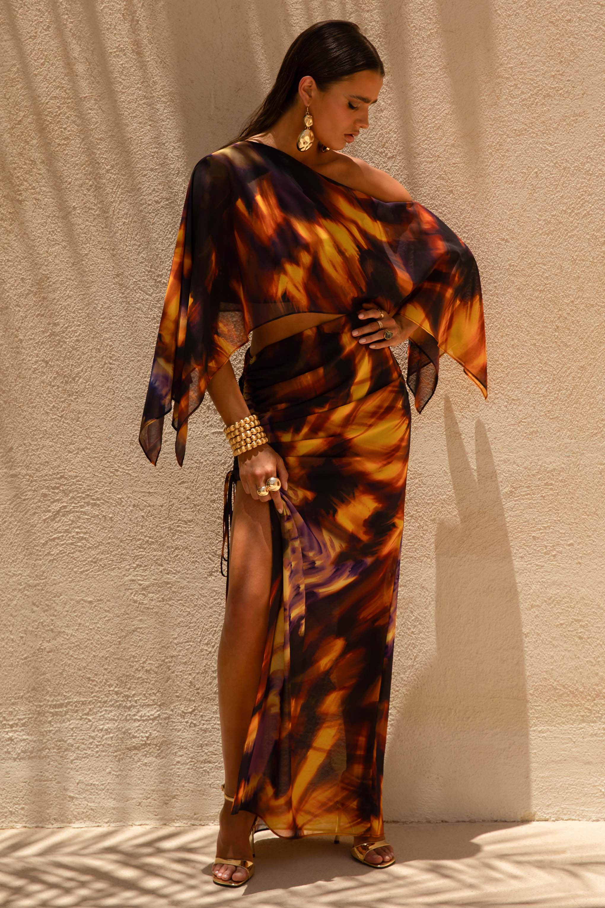 Nadine | Jupe longue asymétrique à fente imprimé fumée - Image 5