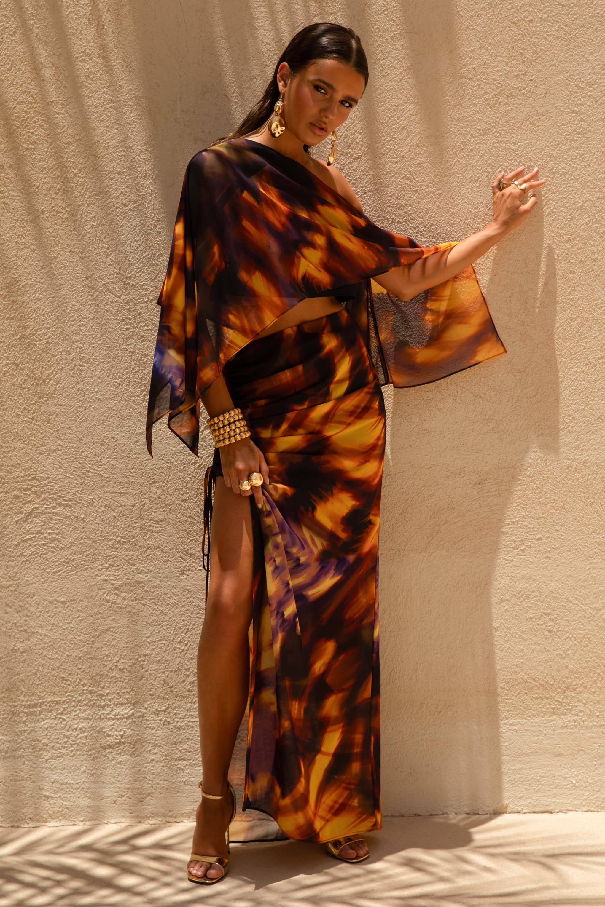 Nadine | Jupe longue asymétrique à fente imprimé fumée - Image 6