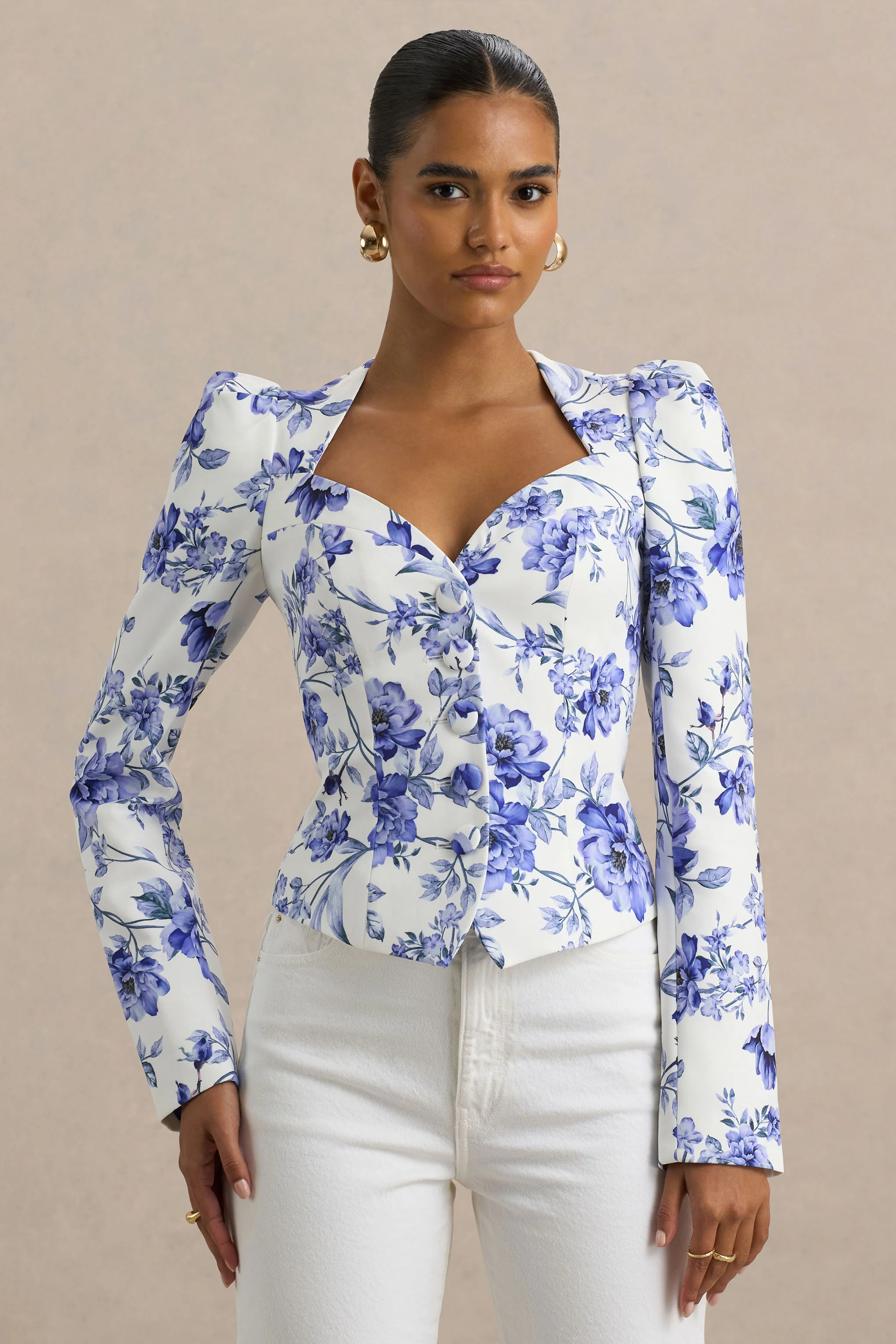 Olympia | Haut ajusté à col cœur et imprimé floral bleu - Image 3
