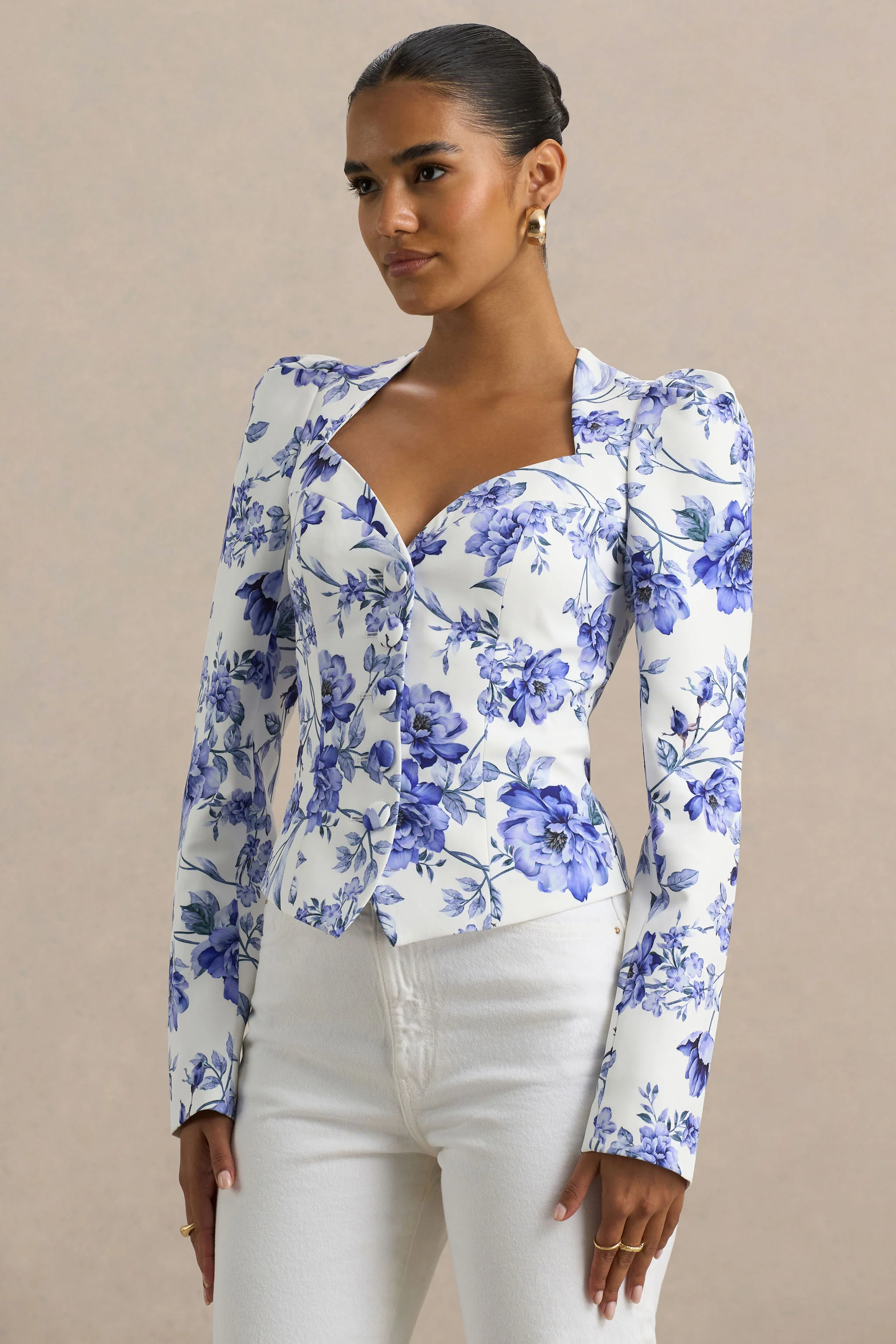 Olympia | Haut ajusté à col cœur et imprimé floral bleu - Image 4