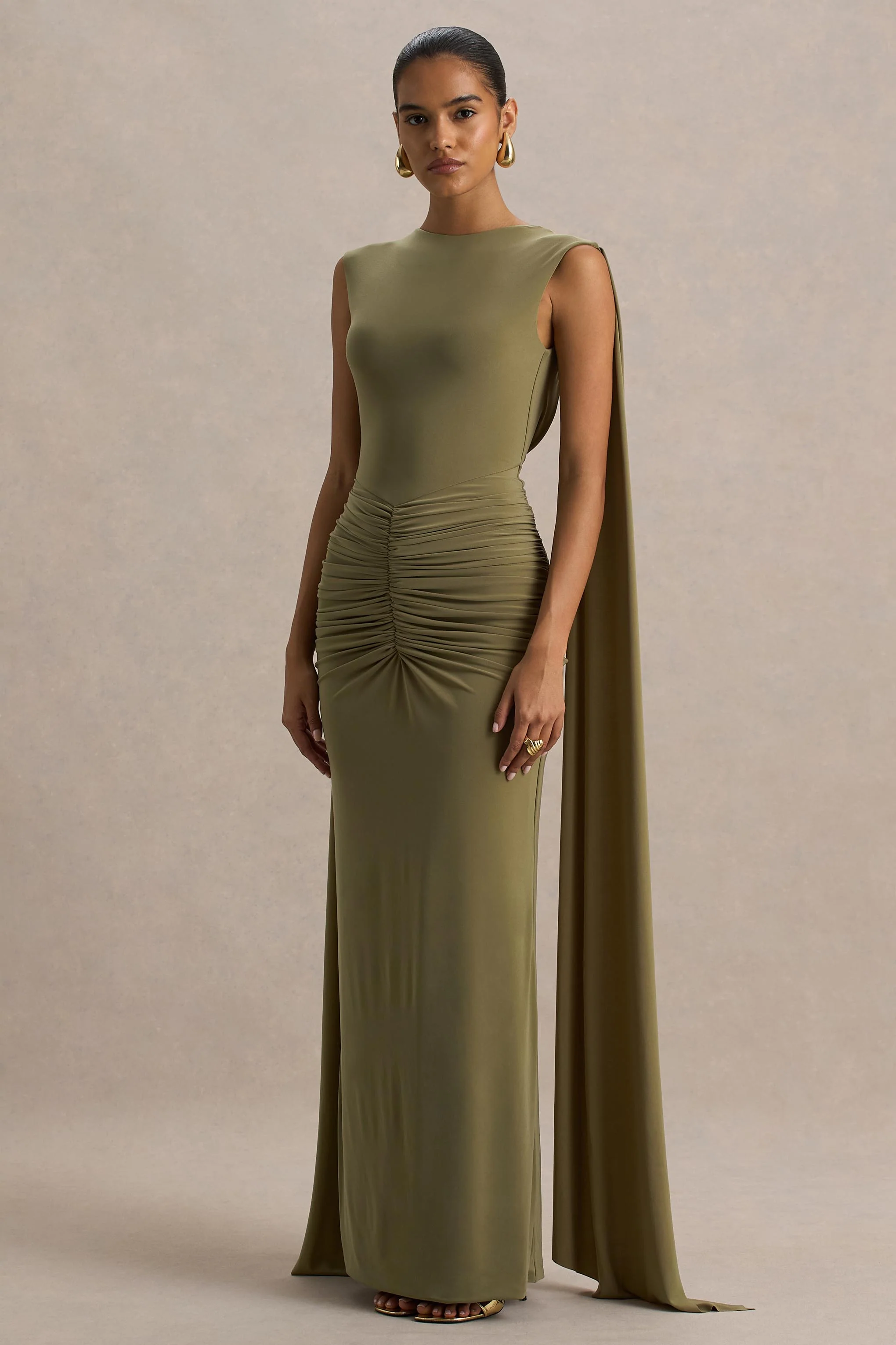 Premiere | Robe longue olive à col rond avec détails froncés - Image 3