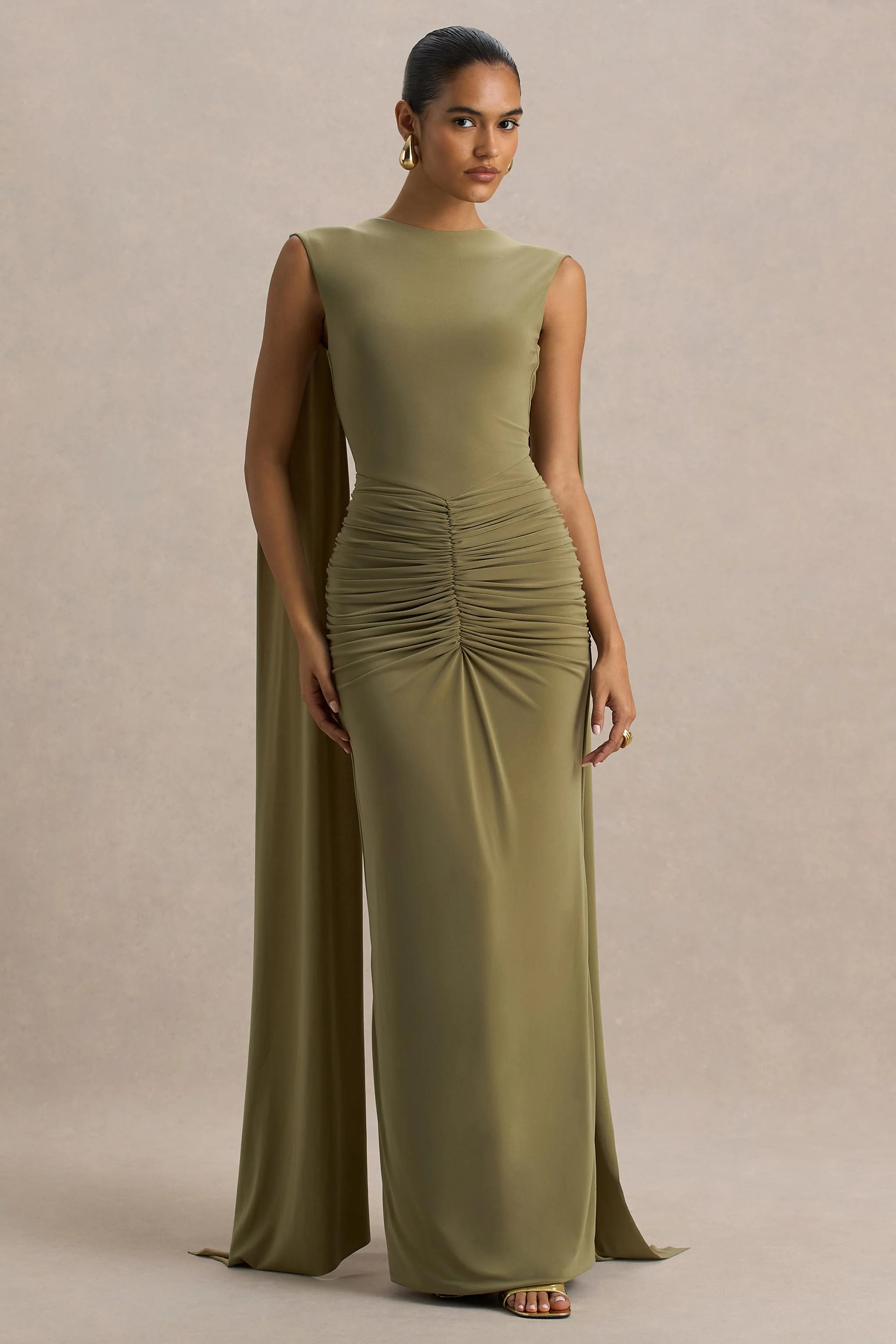 Premiere | Robe longue olive à col rond avec détails froncés - Image 4