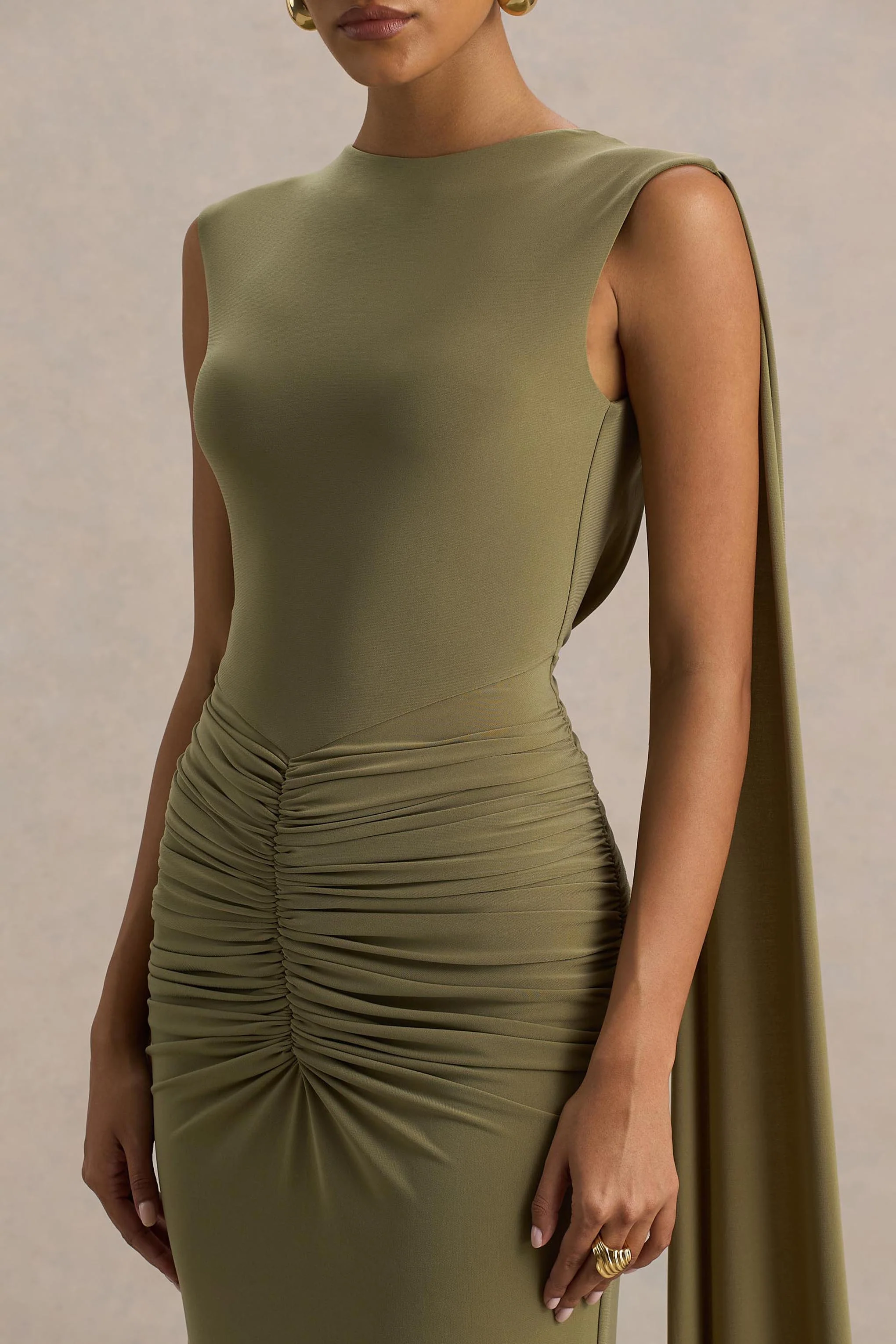 Premiere | Robe longue olive à col rond avec détails froncés - Image 5