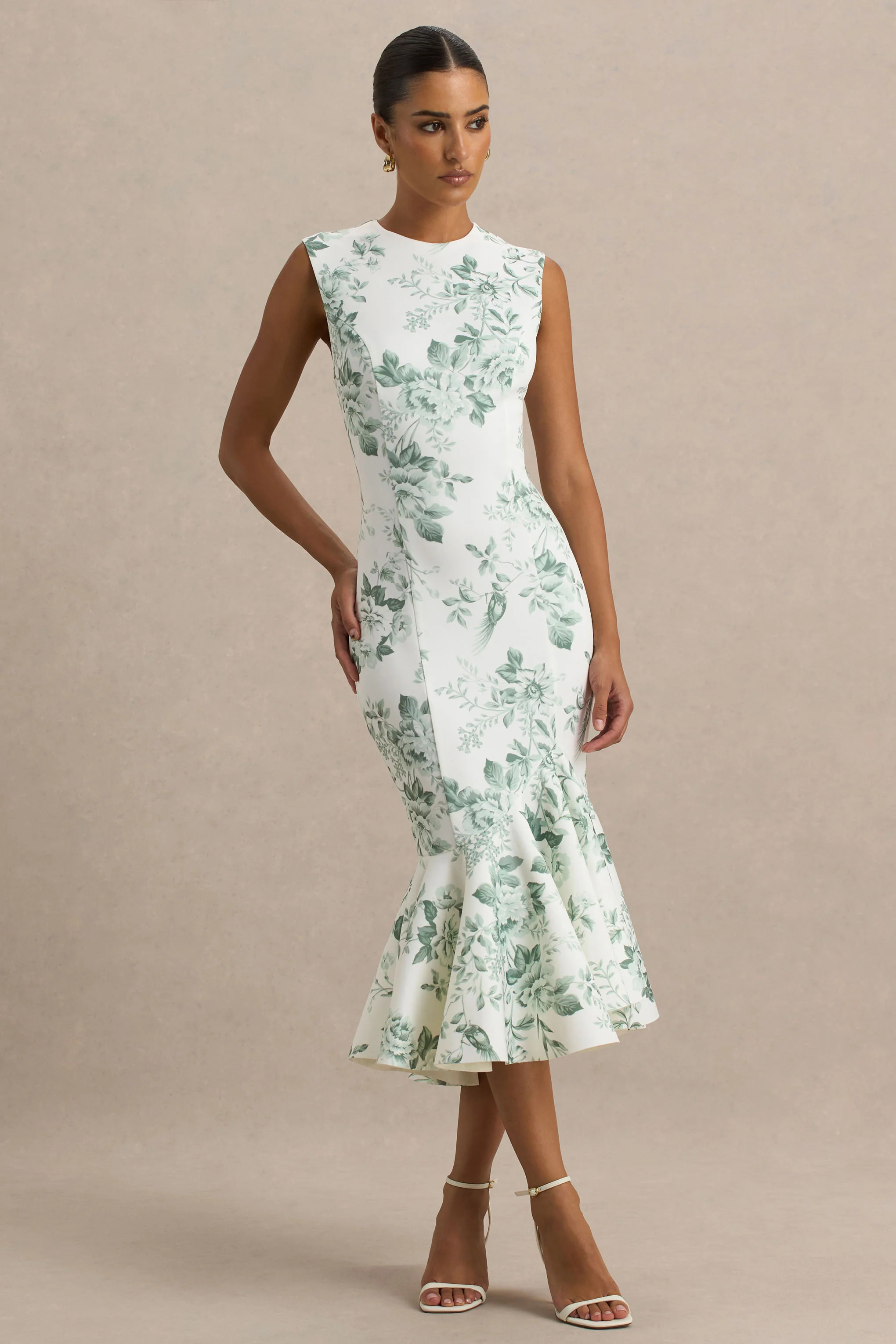 Priceless | Robe mi-longue sirène à col montant imprimé porcelaine vert - Image 3