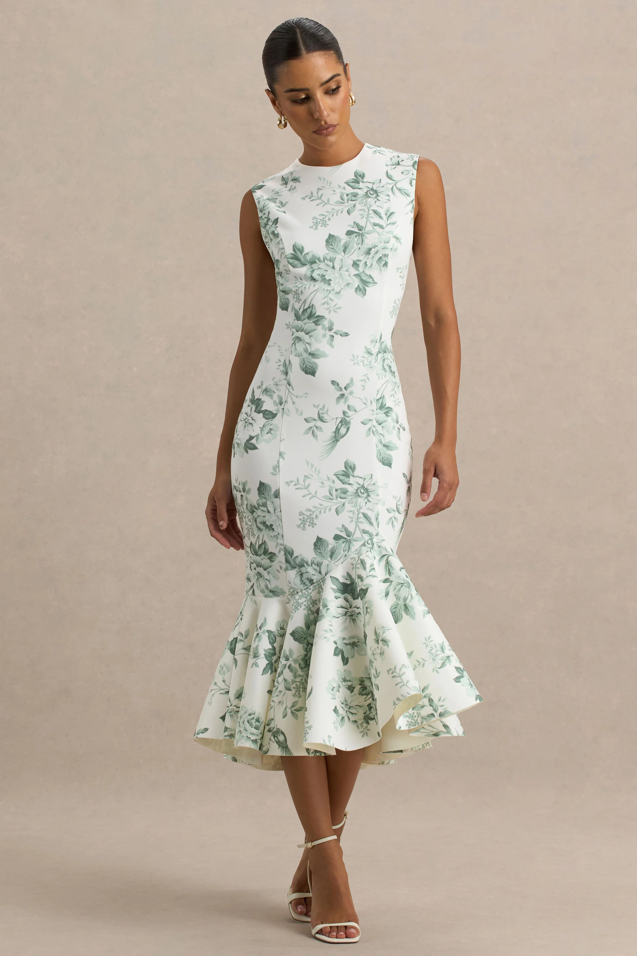 Priceless | Robe mi-longue sirène à col montant imprimé porcelaine vert - Image 4