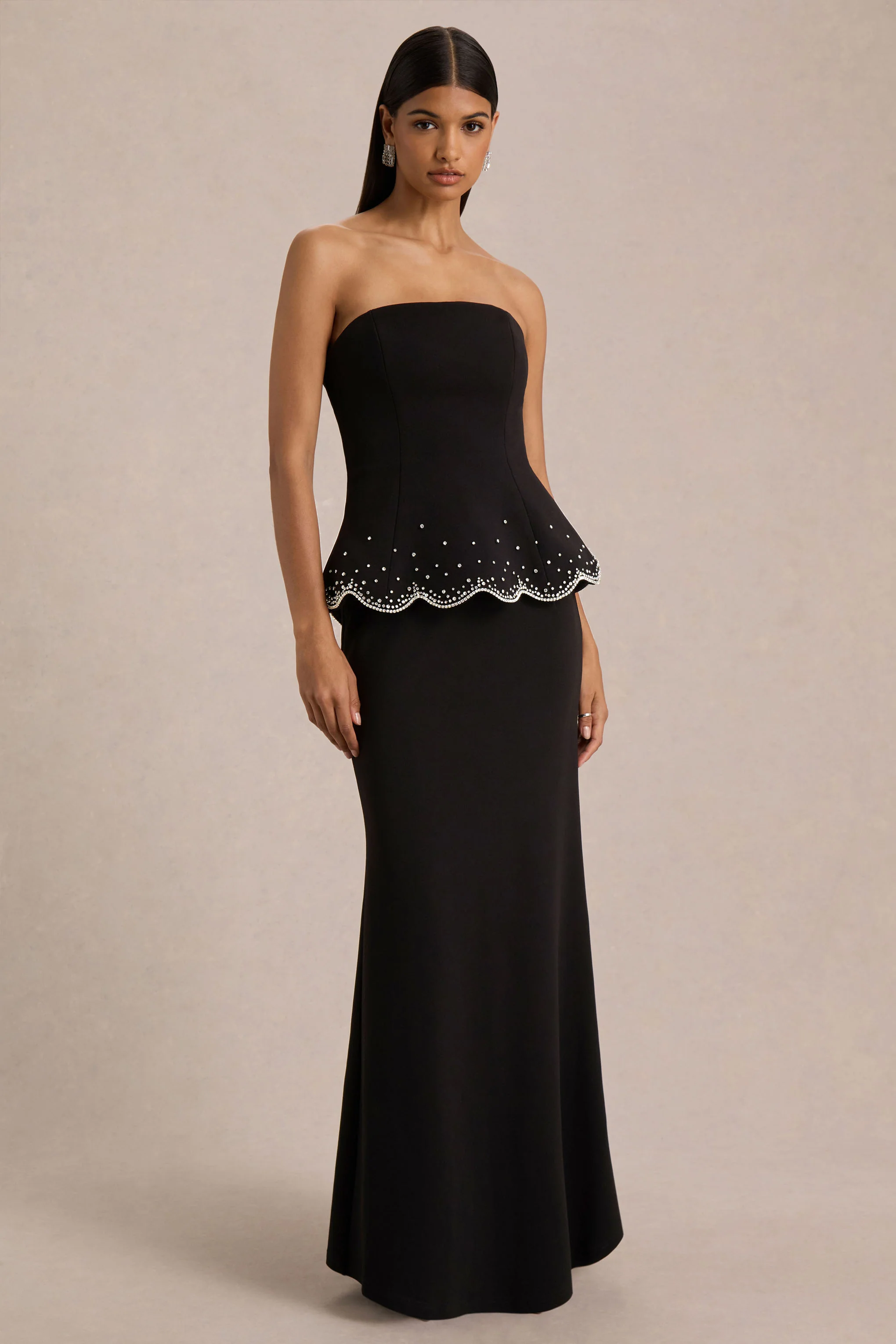 Robin | Robe Longue Noire à Corset Sans Bretelles Ornée de Strass