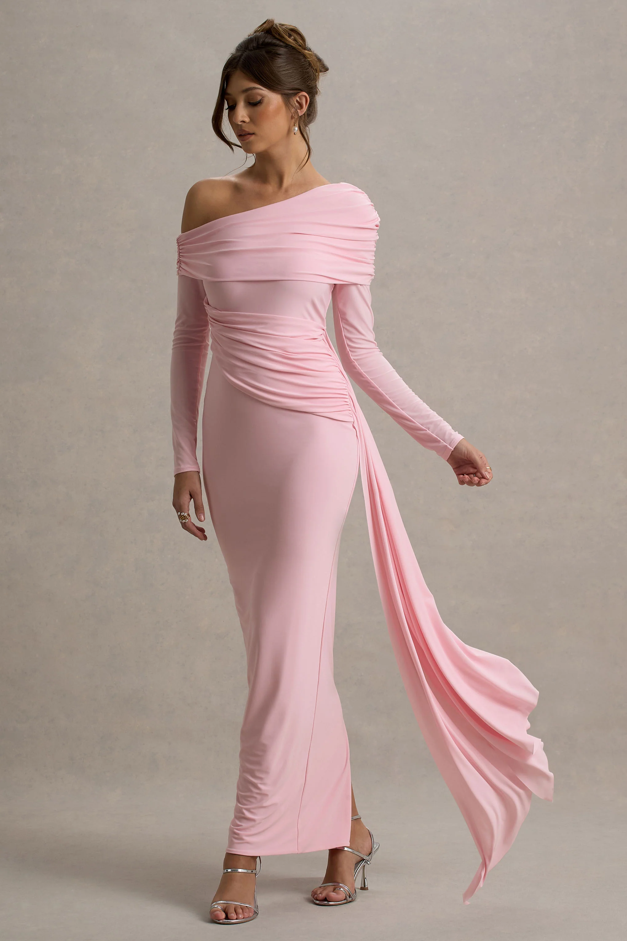 Valina | Robe longue asymétrique rose froncée avec drapé - Image 3