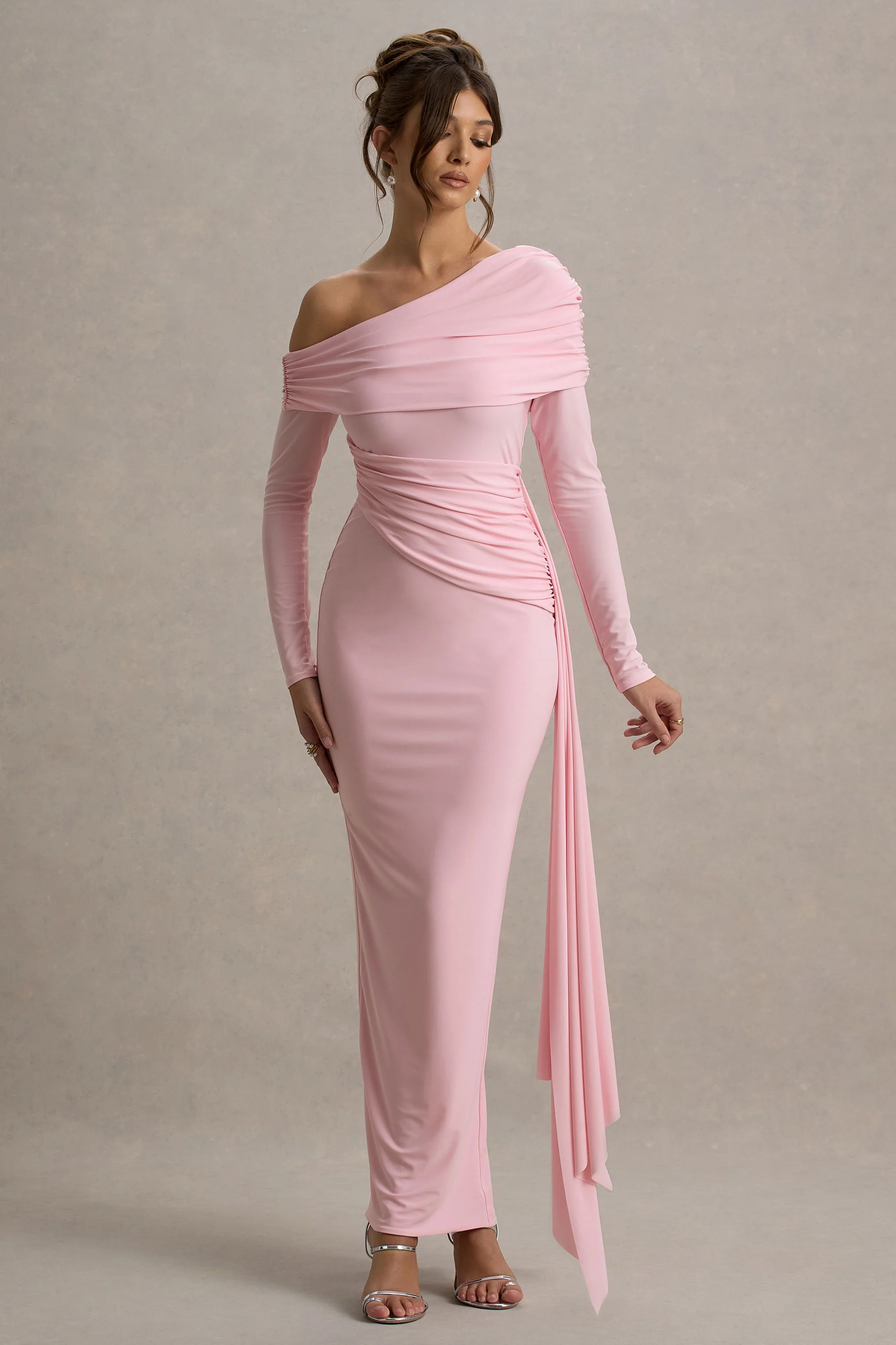Valina | Robe longue asymétrique rose froncée avec drapé - Image 6