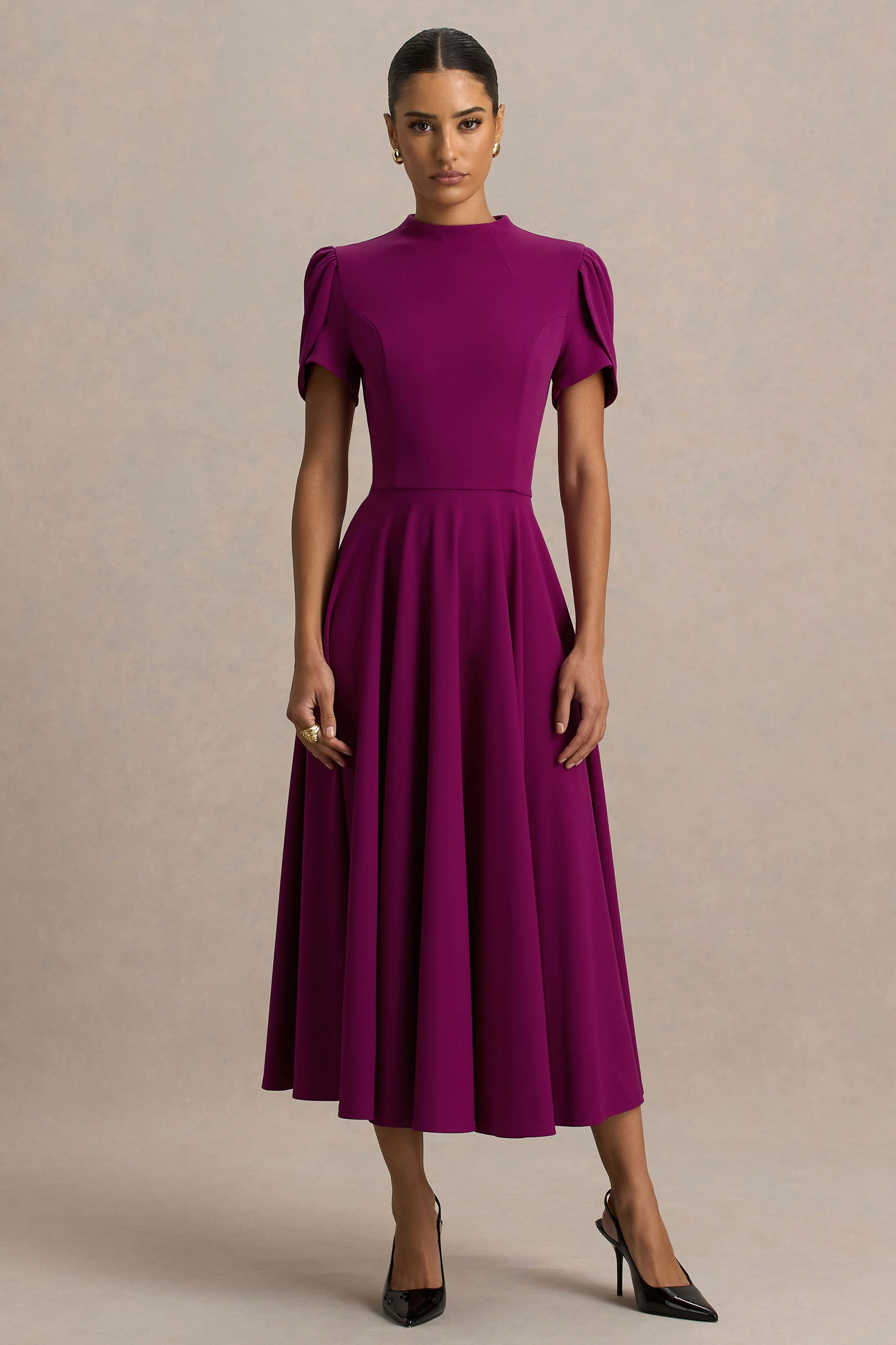 Vicky | Robe Mi-Longue Prune À Col Montant Et Manches Bouffantes - Image 5