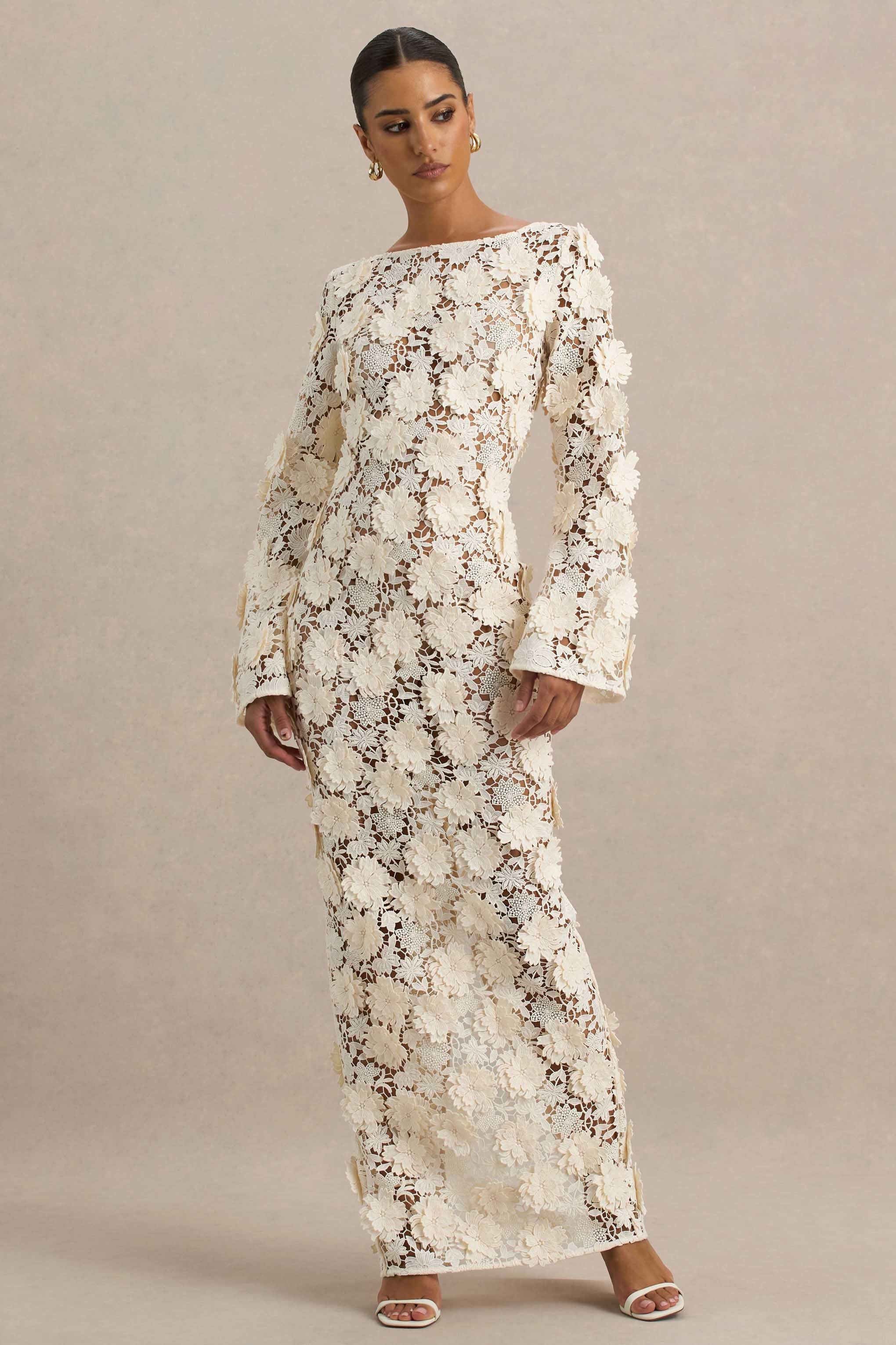 Viper | Robe longue en dentelle crème à manches longues - Image 4