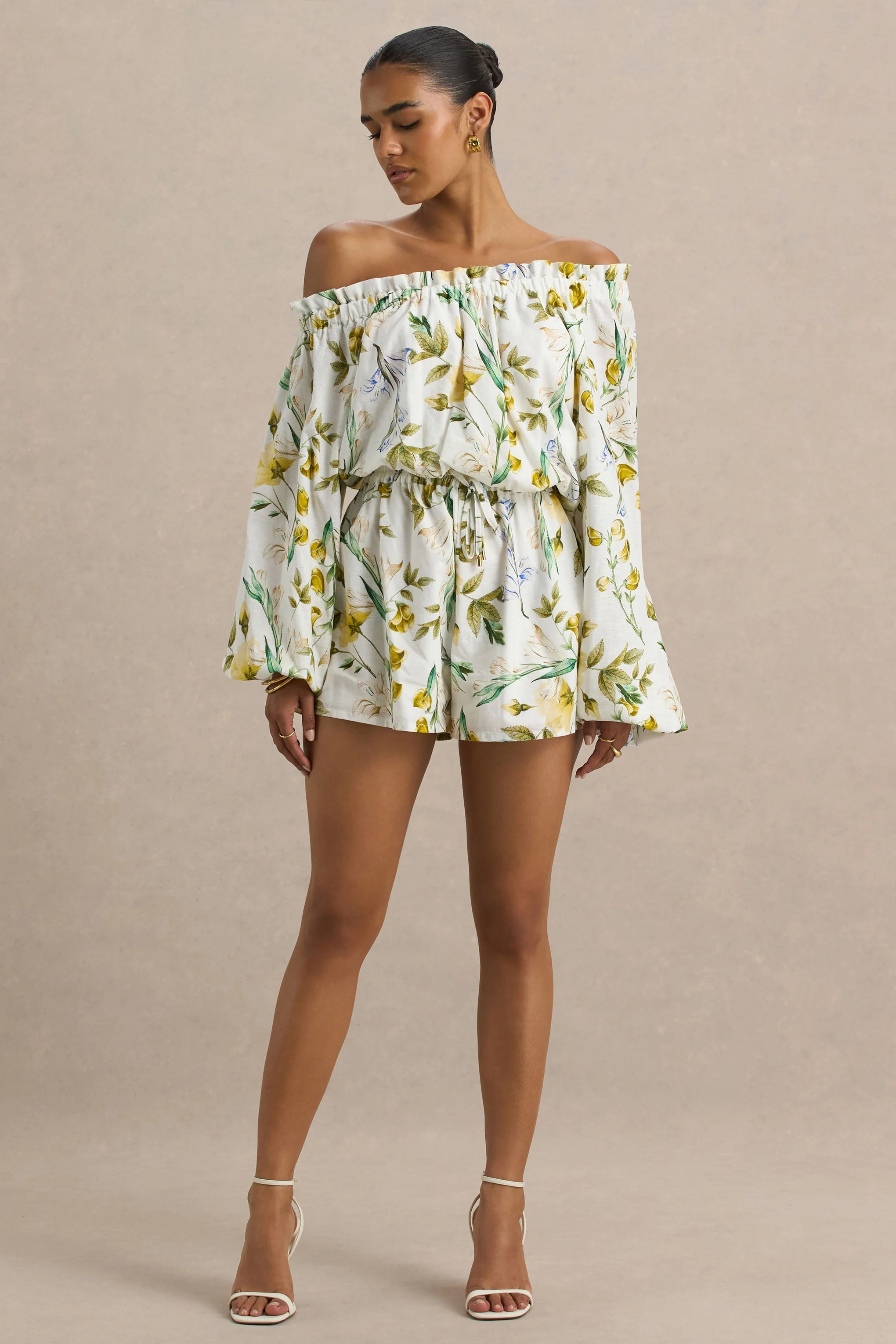 Waterfall | Combishort asymétrique à imprimé floral citron avec manche longue - Image 3