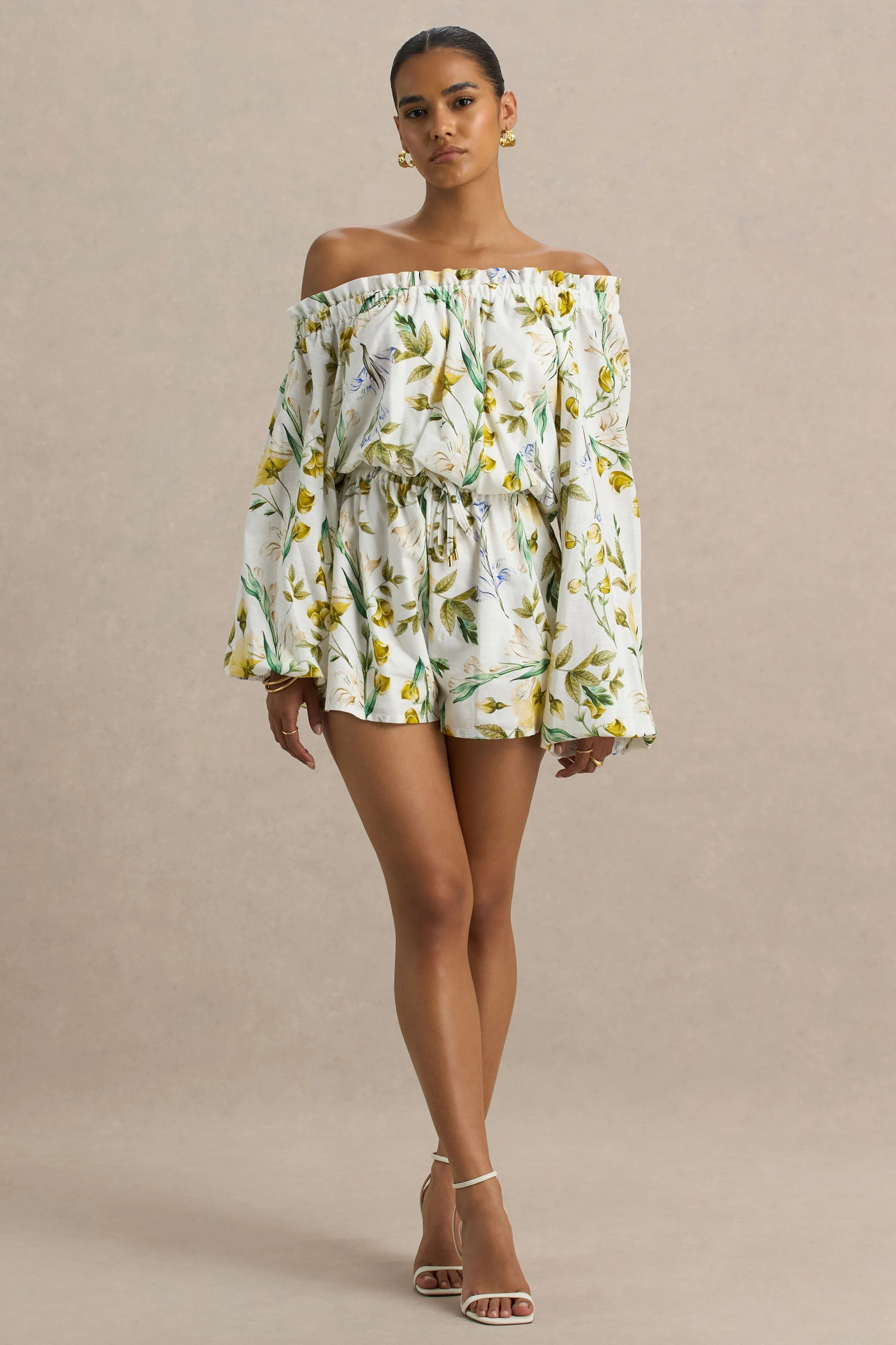 Waterfall | Combishort asymétrique à imprimé floral citron avec manche longue - Image 5